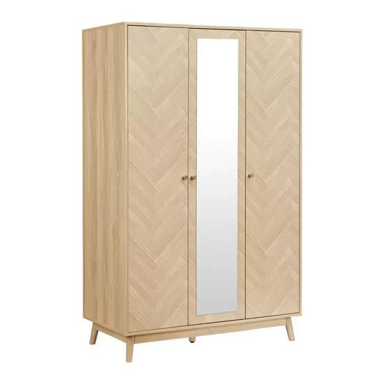 CHOICEWARDROBE Helena 3-door oak chevron wardrobe with central mirrored door and wooden legs.