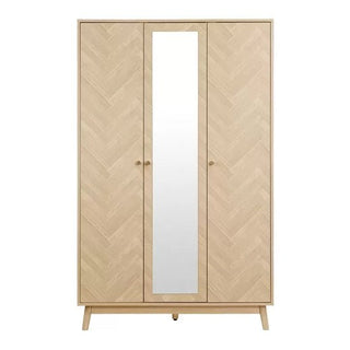 The CHOICEWARDROBE Helena 3 Door Mirrored Wardrobe features an oak chevron finish, full-length mirror on the center door, small round handles, and stands on wooden legs.