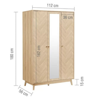 The CHOICEWARDROBE Helena 3 Door Mirrored Wardrobe features an oak chevron finish, wooden legs, and a full-length mirror on one of its three doors. Dimensions: 180 cm (H) x 112 cm (W) x 56 cm (D); mirror door: 36 cm wide; legs: 15 cm high.