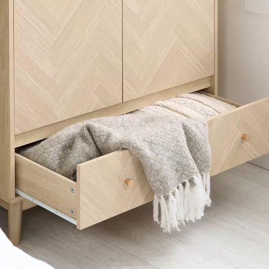 CHOICEWARDROBE Helena 90cm natural oak wardrobe with open drawer showing blanket