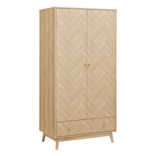 The CHOICEWARDROBE Helena 90cm wardrobe features a natural oak finish, two doors with a chevron pattern, small round handles, a bottom drawer, and stands on Scandinavian tapered legs—ideal bedroom storage.