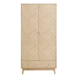 The CHOICEWARDROBE Helena 90cm Wooden Wardrobe features two chevron-pattern doors, a bottom drawer, and Scandinavian tapered legs in a natural oak finish—perfect for simple, modern bedroom storage.