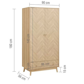 The CHOICEWARDROBE Helena 90cm 2 Door Wooden Wardrobe features a natural oak finish, chevron pattern front, a lower drawer, and Scandinavian tapered legs. It measures 180x90x56 cm—ideal bedroom storage with dimensions marked in centimeters.