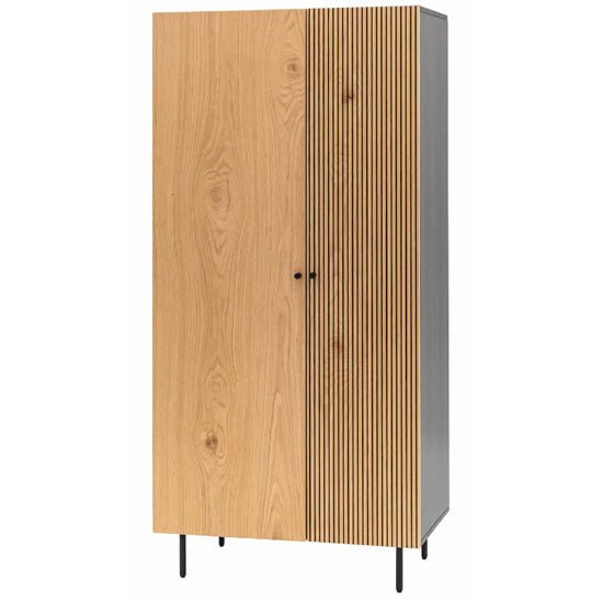CHOICEWARDROBE Helena 2 door natural oak wardrobe with ribbed panel, black metal legs.