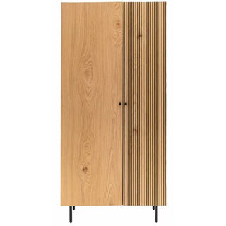 The CHOICEWARDROBE Helena Wooden Wardrobe features 2 doors in a natural oak finish—one with a smooth panel, the other ribbed. Sleek black metal legs and minimalist handles complete its elegant, modern look.
