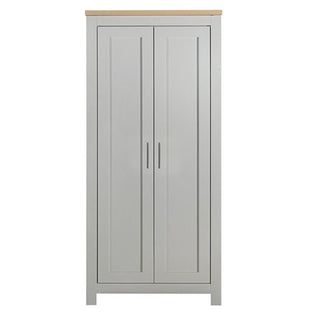The CHOICEWARDROBE Highgate 2 Door Wardrobe features paneled doors with vertical handles, a light gray finish, and an oak top. This compact, modern 79cm wardrobe offers stylish bedroom storage in a sleek grey and oak design.