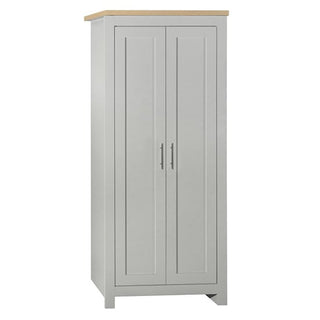 The CHOICEWARDROBE Highgate 2 Door Wardrobe features a compact, tall rectangular design with a grey finish, oak top, silver handles, closed doors, and four short legs—ideal modern bedroom storage (79cm).