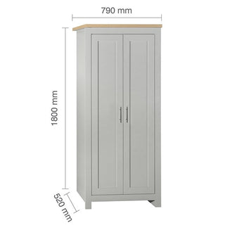 The CHOICEWARDROBE Highgate 2 Door Wardrobe in grey with an oak top is a tall, rectangular storage unit featuring simple handles. Dimensions: 180 cm high, 79 cm wide, and 52 cm deep. Perfect for modern bedrooms.