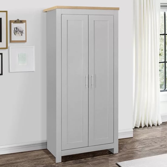 Grey 2 door wardrobe with oak top and silver handles, CHOICEWARDROBE Highland range