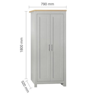 The CHOICEWARDROBE Highland 2 Door Wardrobe features a tall grey design with an oak top, silver handles, and compact storage. It measures 180cm high, 79cm wide, and 52cm deep—ideal for stylish bedroom organization.