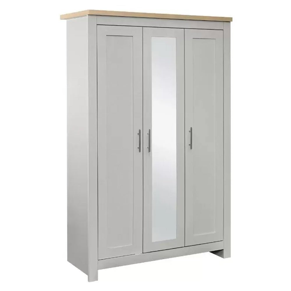 Grey 3 door wardrobe with oak top and central mirror, 112cm wide with silver handles.
