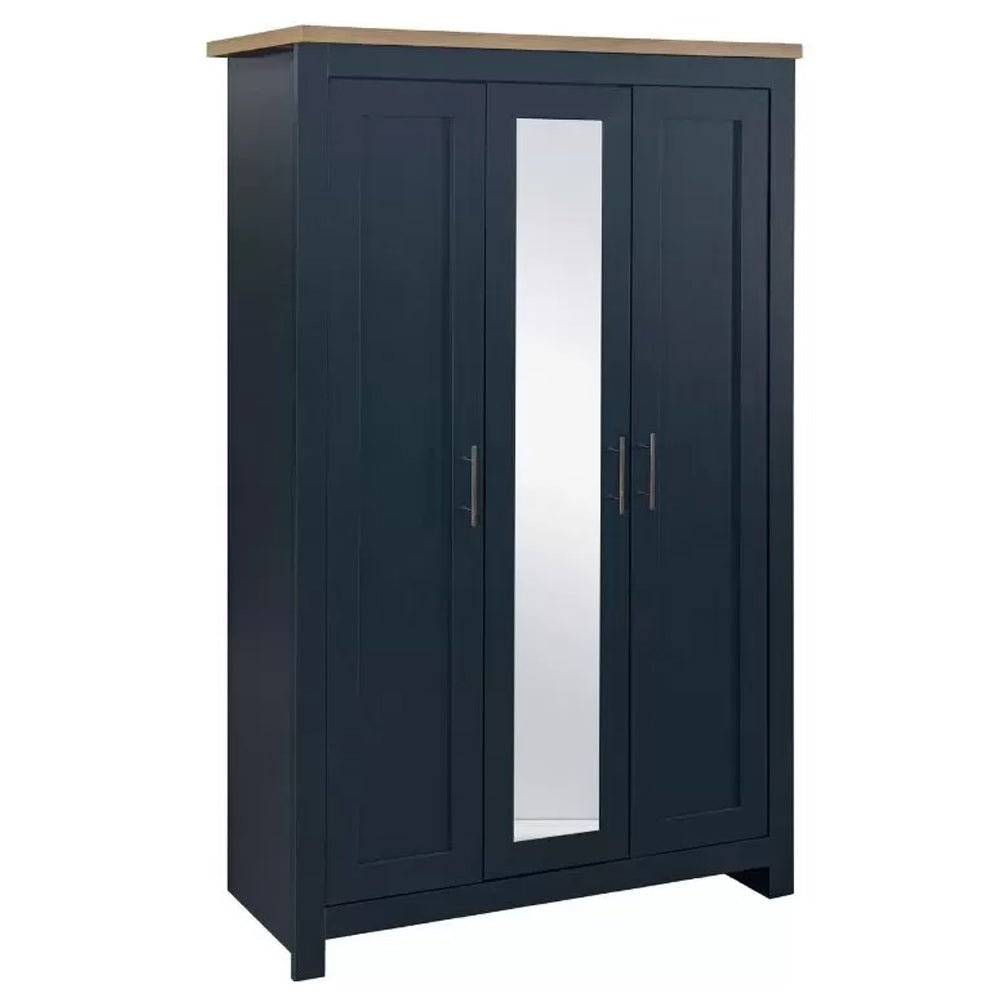 CHOICEWARDROBE Highland navy blue 3 door wardrobe with oak top and central mirror, 112cm wide.