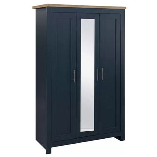 The CHOICEWARDROBE Highland 3 Door Wardrobe in Navy Blue with an Oak Top features vertical handles and a central full-length mirror, offering stylish 112cm wide bedroom storage.