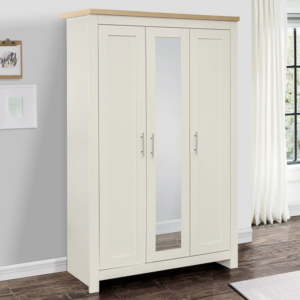 CHOICEWARDROBE Highland cream 3 door wardrobe with centre mirror and oak top.