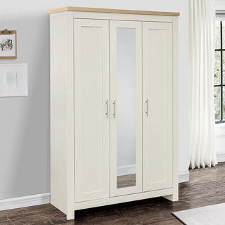 ChoiceWardrobe Highland Cream 3 Door Wardrobe with Oak Top and Mirror styled in bright modern bedroom