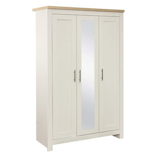 ChoiceWardrobe Highland 3 Door Wardrobe in Cream with central mirror and oak top, modern bedroom furniture
