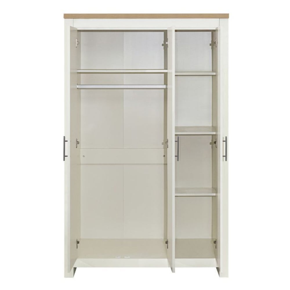 Interior of CHOICEWARDROBE Highland 3 Door Wardrobe, cream and oak finish, showing hanging rail and shelves.