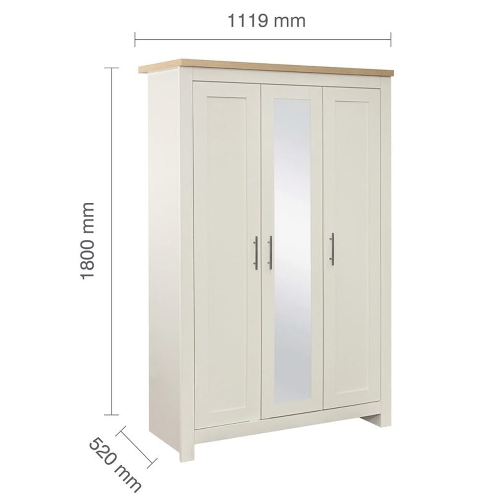 CHOICEWARDROBE 3-door wardrobe in cream with oak top and central mirror, 111.9cm wide, 180cm high