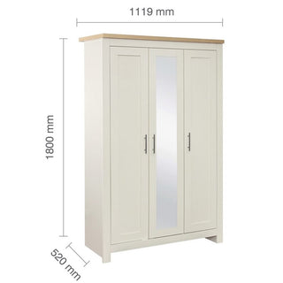 Dimensions of ChoiceWardrobe Highland 3 Door Wardrobe in Cream with Oak Top showing 112cm width and 180cm height