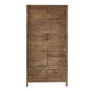 The CHOICEWARDROBE Homer Wooden Wardrobe features a rustic pine finish, solid wood frame, two doors, two storage drawers, and metal handles—blending modern loft appeal with industrial style for a chic storage solution.