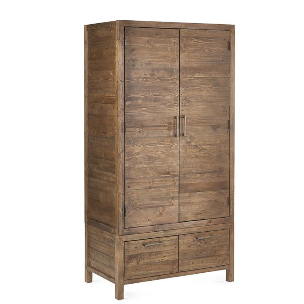 Rustic pine industrial wardrobe with 2 doors and 2 drawers with metal handles.