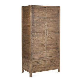 The CHOICEWARDROBE Homer Wooden Wardrobe features a solid wood frame in rustic pine finish, two doors, two storage drawers, metal handles, and an industrial style—ideal for modern loft interiors. Measures 100cm wide.