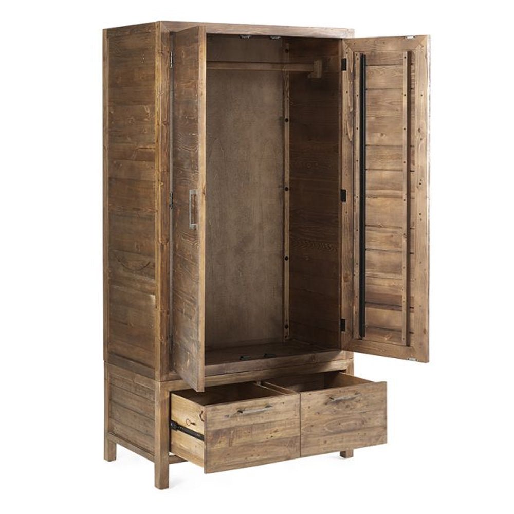 Rustic pine two-door wardrobe with open doors, two drawers, and metal handles