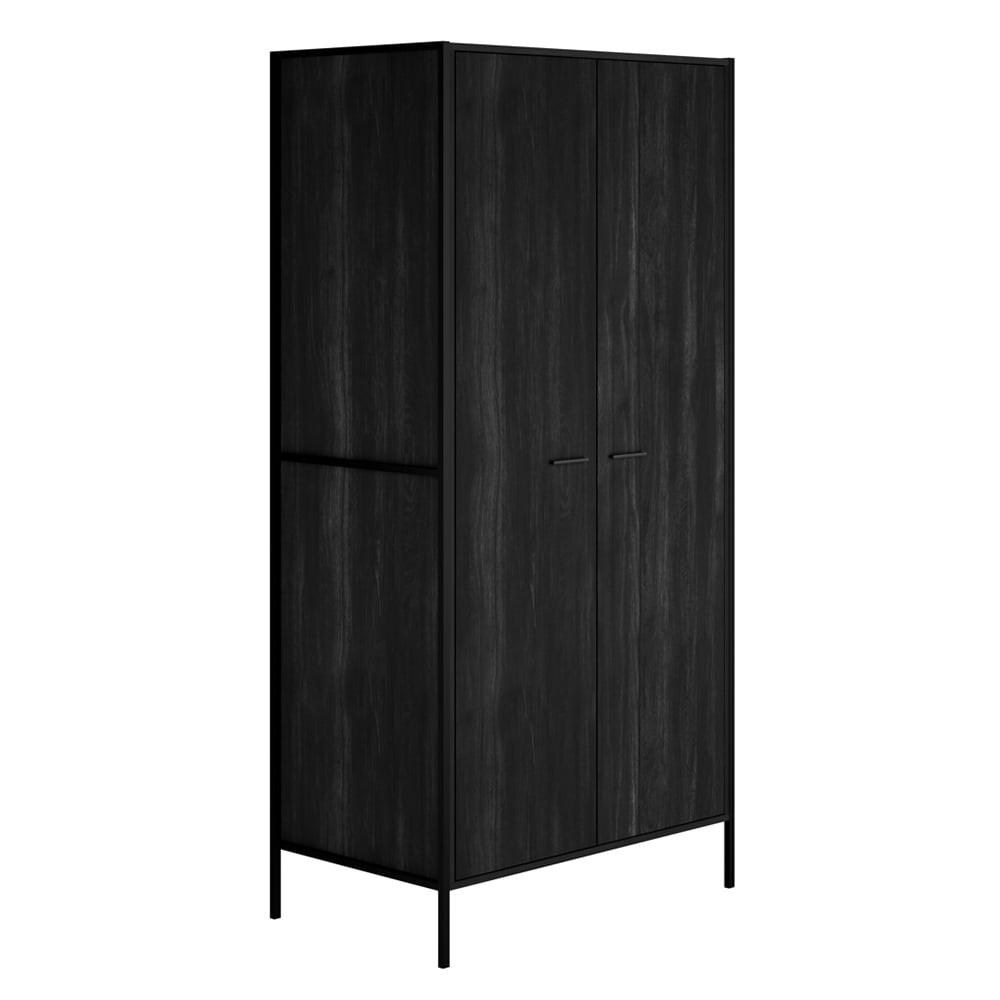 Black 2-door wardrobe with wood-effect finish and minimalist metal frame and legs