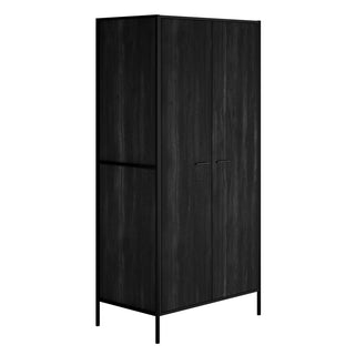 The CHOICEWARDROBE Hoxton Black Wooden Wardrobe features 2 doors, a sleek minimalist frame with metal legs, hanging rail and shelf storage—ideal for modern spaces. Shown against a white background in a contemporary industrial style.