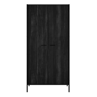 The CHOICEWARDROBE Hoxton Black Wooden Wardrobe features a minimalist 2-door modern design, sleek frame, metal legs, hanging rail, and shelf storage—perfect for contemporary industrial-style bedroom organization.