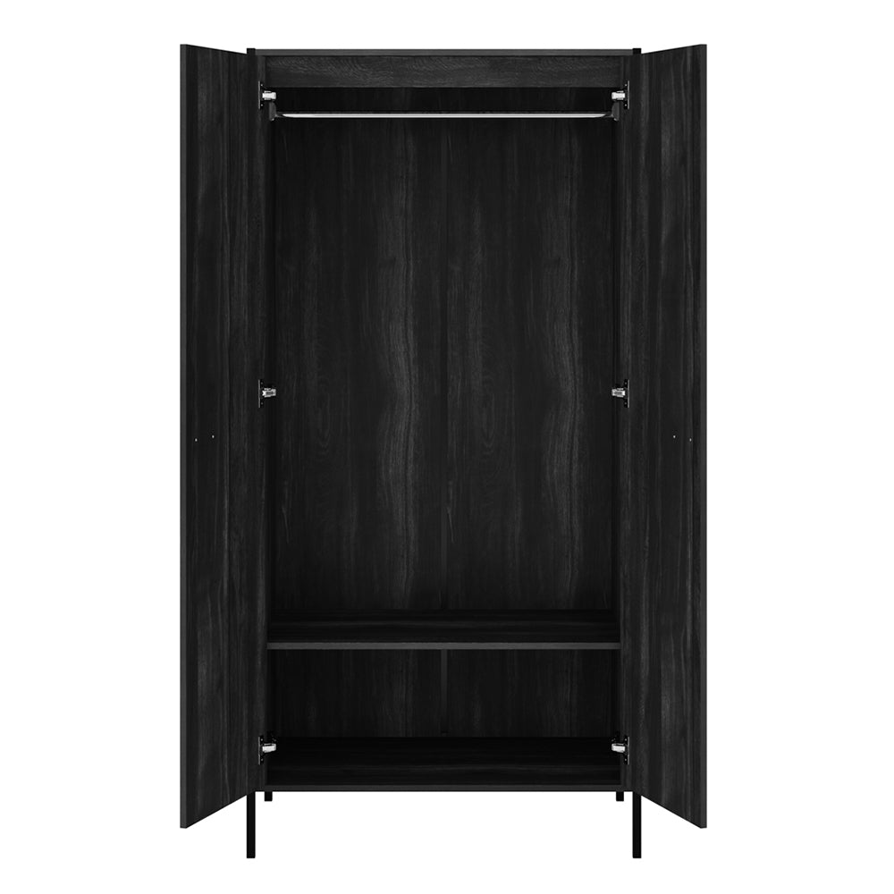 Black wooden wardrobe open, showing hanging rail and shelf, modern industrial style