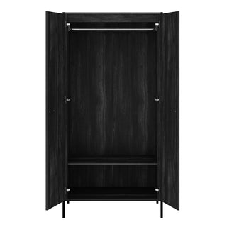 The CHOICEWARDROBE Hoxton Black Wooden Wardrobe features a sleek minimalist frame with metal legs, two doors, a hanging rail, and shelf storage—ideal for modern bedrooms in a contemporary industrial style.