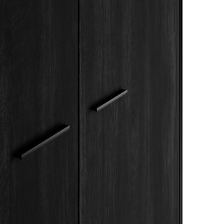 Close-up of the CHOICEWARDROBE Hoxton Black Wooden Wardrobe – a 2-door modern design with sleek metal legs, minimalist frame, and diagonal black handles. Shown partially against a white background, this wardrobe offers hanging rail and shelf storage in an industrial style.