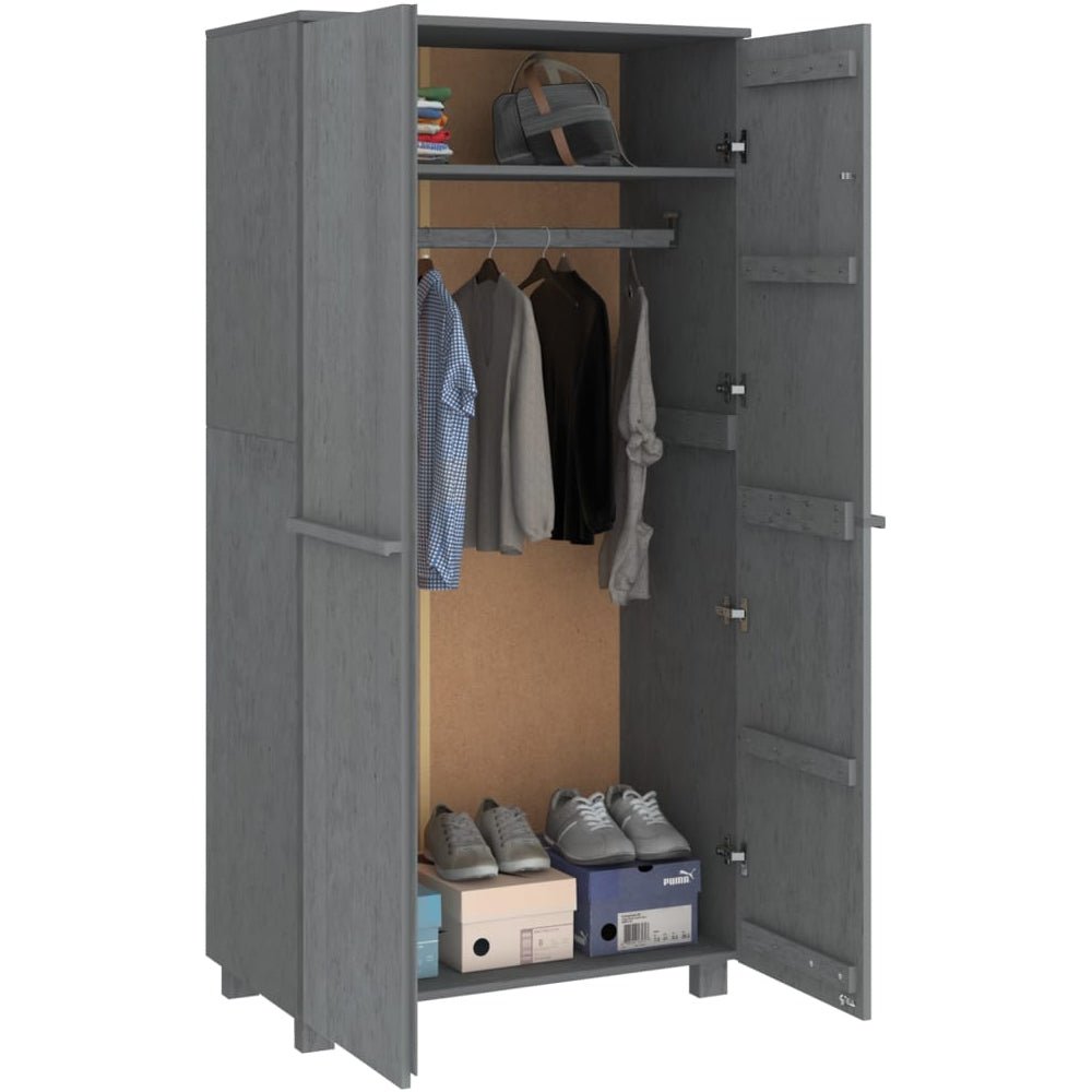 Dark grey wooden 2-door wardrobe with hanging rail and shoe storage.