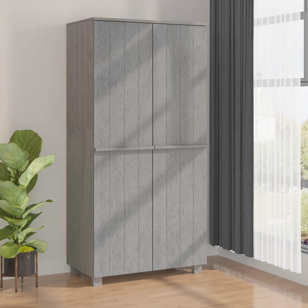 Light grey oak effect 4 door wardrobe with split compartments. Modern tall storage cabinet.