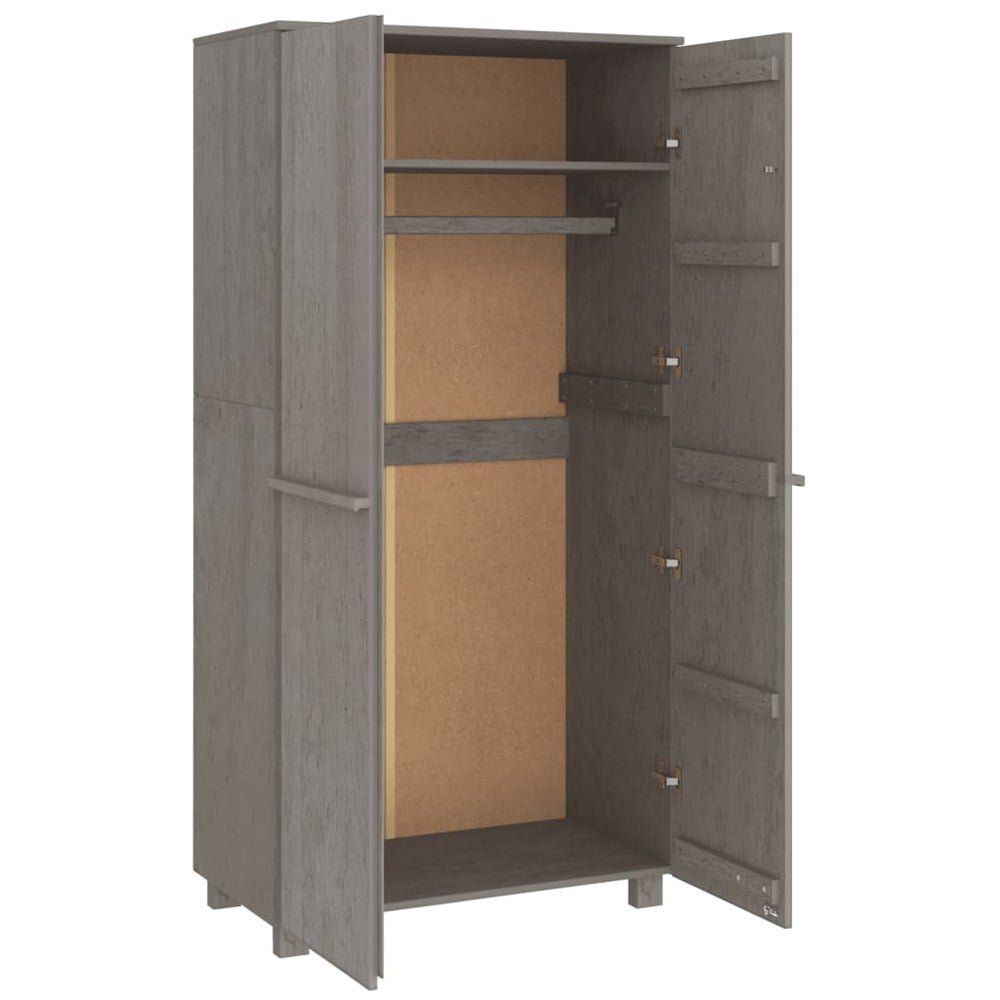 Two-door wardrobe in light grey oak effect with internal shelf and hanging rail.