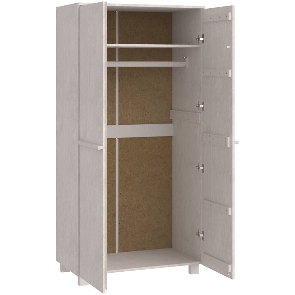 Two-door white wooden wardrobe with doors open, showing hanging rail and shelf.