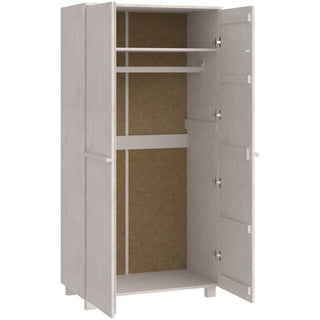The CHOICEWARDROBE Hull 89cm 2 Door Wooden Wardrobe in a white finish features a compact modern design with both doors open to reveal upper shelving, a hanging rail, a contrasting brown back panel, and short legs for stylish storage.