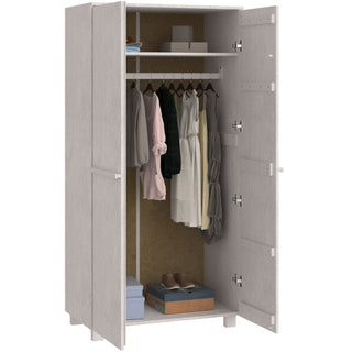 The CHOICEWARDROBE Hull 89cm 2 Door Wooden Wardrobe in white features a compact, modern design with open doors showing hanging clothes, a shelf with a bag, storage boxes, and shoes neatly organized inside.