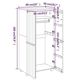 Line drawing of the CHOICEWARDROBE Hull 89cm 2 Door Wooden Wardrobe in white, showing dimensions: 180cm height, 89cm width, 50cm depth; main compartment is 143cm high with a top shelf area of 24cm. Compact modern storage with rail & shelf.