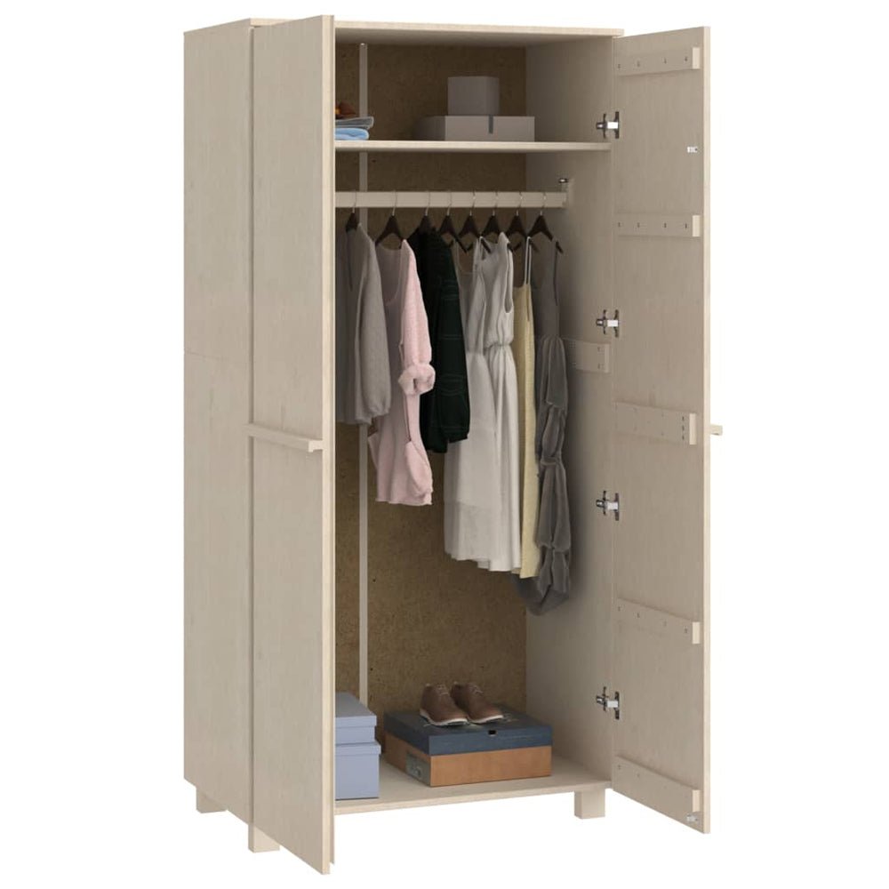 CHOICEWARDROBE Hull 2-door wardrobe in light brown oak finish, open doors showing hanging clothes and storage boxes.