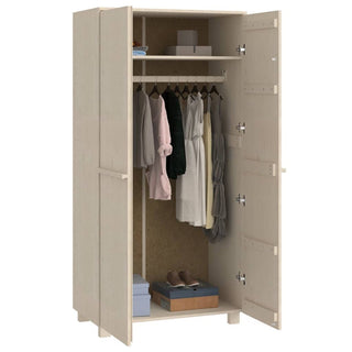 The CHOICEWARDROBE Hull Wardrobe 89cm features a light brown oak finish, two open doors showing hanging clothes, storage boxes on the bottom shelf, and items on the top shelf. It offers practical bedroom storage with a hanging rod and simple shelving.