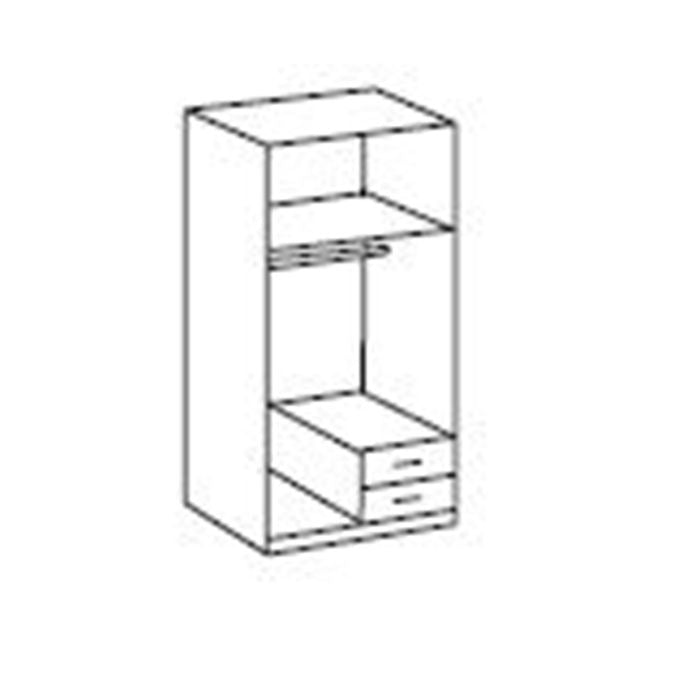 Line drawing of CHOICEWARDROBE HUSAM 2 door wardrobe, grey and white, with open shelf, hanging rail, and two drawers.