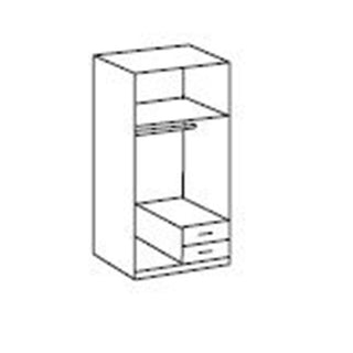 A simple grey and white line drawing of the CHOICEWARDROBE Husam 2 Door Wardrobe, 90cm wide, with an open shelf at the top, hanging rail in the middle, and two drawers at the bottom in a two-tone finish.