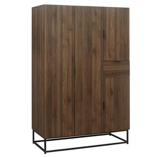 The CHOICEWARDROBE Huston 4 Door Wooden Wardrobe features a walnut finish, modern industrial metal frame, and spacious storage—perfect for adding style to any bedroom.