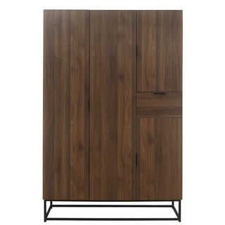 The CHOICEWARDROBE Huston 4 Door Wooden Wardrobe features a walnut finish, industrial metal frame, and modern storage design, perfect for bedrooms seeking elegance and functionality.