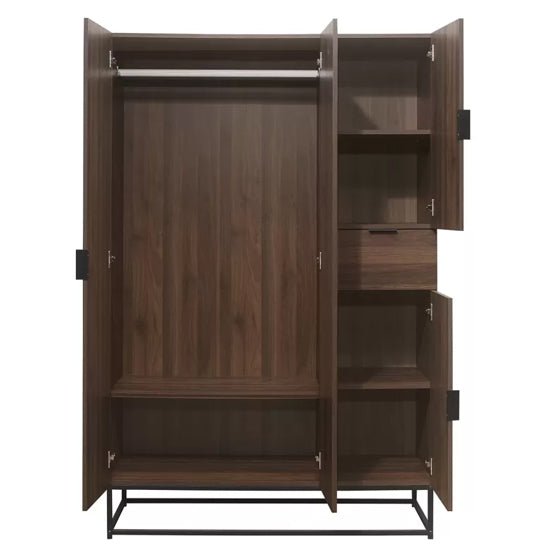 CHOICEWARDROBE walnut 4-door wardrobe with open doors showing hanging rail and shelves, industrial metal frame.
