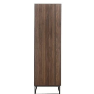 The CHOICEWARDROBE Huston 4 Door Wooden Wardrobe in Walnut Finish features a tall, rectangular design, smooth vertical grain, and narrow black metal legs, shown front-facing against a white background.