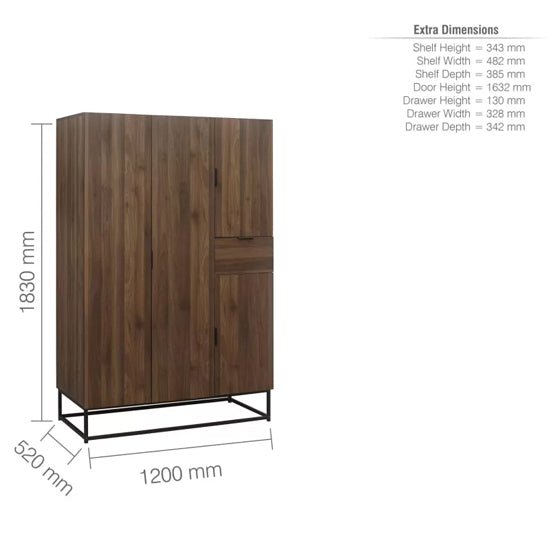 CHOICEWARDROBE Huston 4-door walnut wooden wardrobe with industrial metal frame. 1830mm H x 1200mm W x 520mm D.