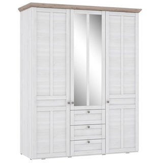 The CHOICEWARDROBE Iloppa 4 Door Mirrored Wardrobe in Snowy Oak offers modern style, ample bedroom storage, multiple drawers, and full-length mirrored doors for a practical and elegant touch.